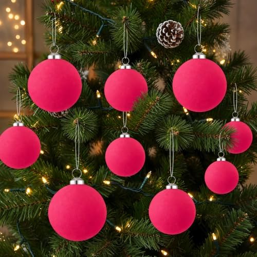 46Pcs Velvet Christmas Ball Ornaments Set - Flocked Shatterproof Christmas Tree Decorations Classic Hanging Ornaments with Rope for Xmas Wreath Holiday Home Decor (Multi-Size, Fuchsia Pink) - Image 5