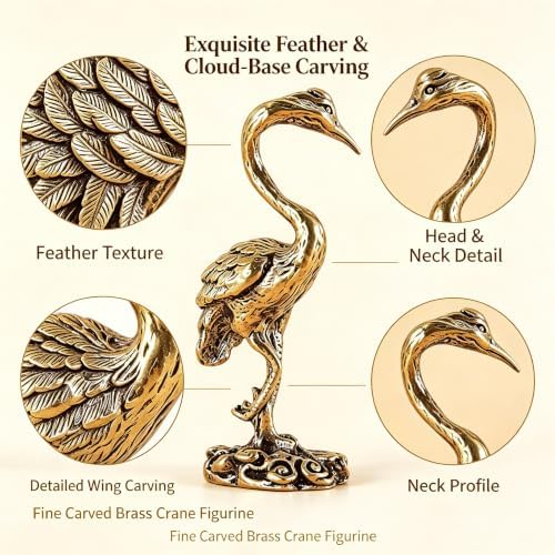 2‑Pack Brass Crane Figurines, 2.08" Mini Vintage Metal Red‑Crowned Crane Statue with Cloud Base, Oriental Style Small Bird Sculpture Ornament for Home Shelf Desk Decor, Collectible Gift - Image 3
