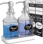 LMQML Soap Dispenser - 2 Pack, Antique Design Thick Glass Hand Soap Dispensers with Sturdy Tray; 304 Rust Proof Stainless Steel Silver Pump, 12Pcs Stickers, for Kitchen, Bathroom by LMQML