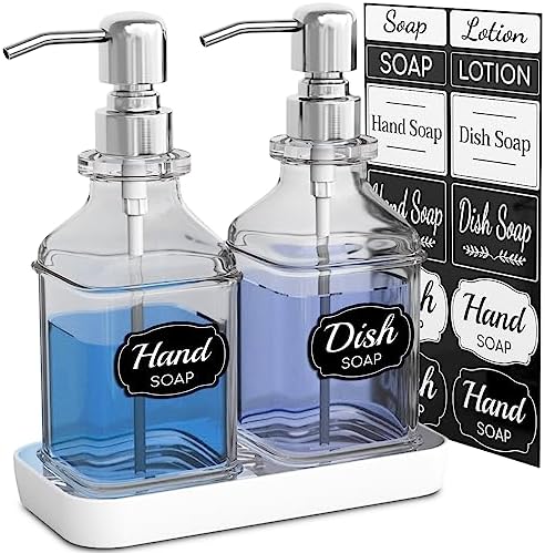 LMQML Soap Dispenser - 2 Pack, Antique Design Thick Glass Hand Soap Dispensers with Sturdy Tray; 304 Rust Proof Stainless Steel Silver Pump, 12Pcs Stickers, for Kitchen, Bathroom by LMQML