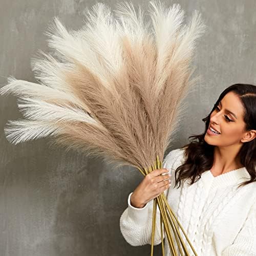 Faux Pampas Grass, 9 PCS 37''/3.1FT Tall Fluffy Fake Pompas Floral, Large Artificial Pompous Grass Branches for Floor Vase Fillers, Boho Farmhouse Room Wedding Decor (Mixed Color) by QUBITFUL