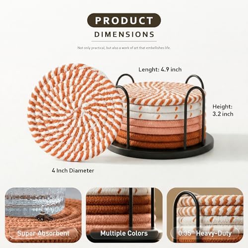 Lazebox Coasters Set of 8 for Drinks, 4 Inch Large Coasters for Coffee Table, Tabletop Protection for Hot & Cold Drinks, Versatile Coasters for Home Decor, Non-Slip & Easy to Clean, Orange - Image 4