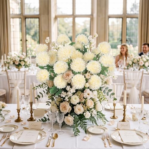 8PCS Champagne 24 Head 3" Large Chrysanthemum Artificial Flower Balls Stems - Image 2