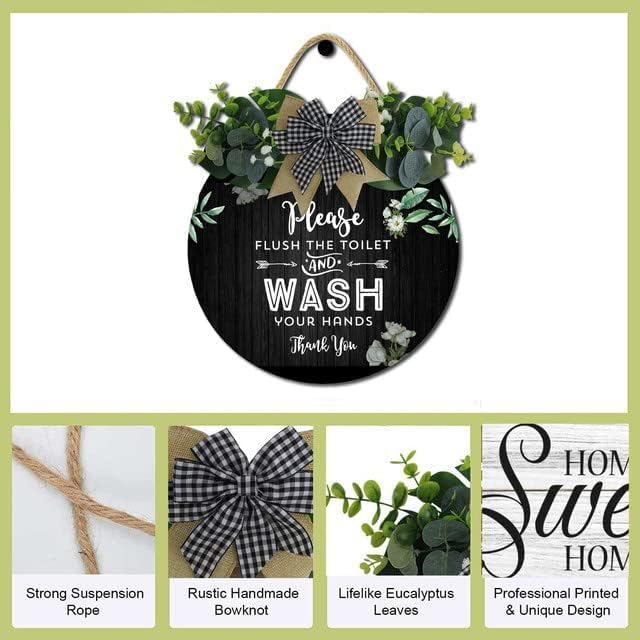 Bathroom Decor,Please Flush The Toilet and Wash Your Hands Thank You Sign,Rustic Round Wooden Wreath Sign,Bath Toilet Decoration for All The Seasons - Image 4
