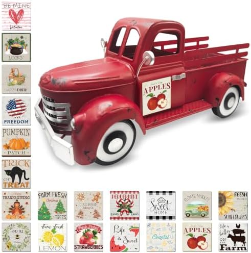 Apple Decor 13.4" Farmhouse Vintage Red Truck with 20 Magnets by Teeloray