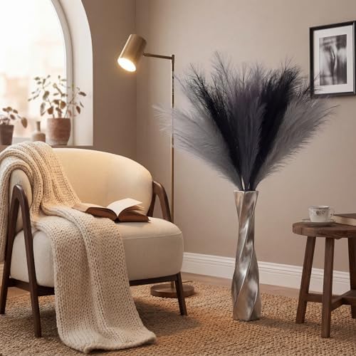 Faux Pampas Grass Decor, 9 PCS 37''/3.1FT Tall Fluffy Black Gray Fake Pompas Floral, Large Artificial Pompous Grass Branches for Floor Vase Fillers, Boho Farmhouse Room Wedding Decor - Image 2