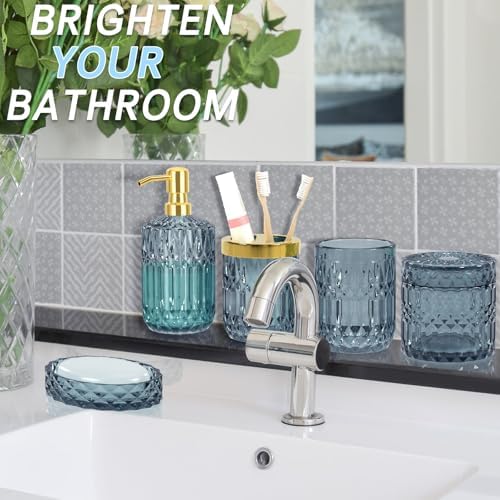 Blue Bathroom Accessories Set - 5PCS Clear Glass Bathroom Accessory Set (Toothbrush Holders, Soap Dispenser, Soap Dish, Tumbler, Cotton Swab Jar), Countertop Vanity Organizer Modern Decor Vintage Gift - Image 6