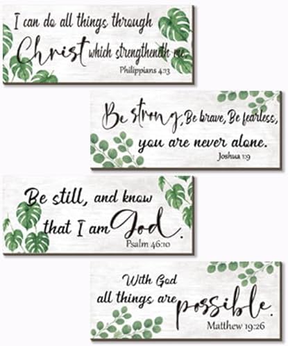 4 Pieces Green Bathroom Decor Christian Wall Decor Motivational Religious Prayer Sign with Eucalyptus Tropical Leaves for Home Living Room Office Bedroom Bathroom(Green, 10x4 In) by Unknown
