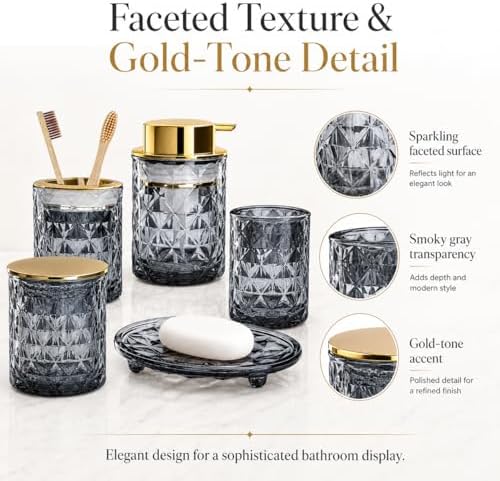 5 Piece Glass Bathroom Accessories Set, Black & Gold Vanity Countertop Set - Image 3
