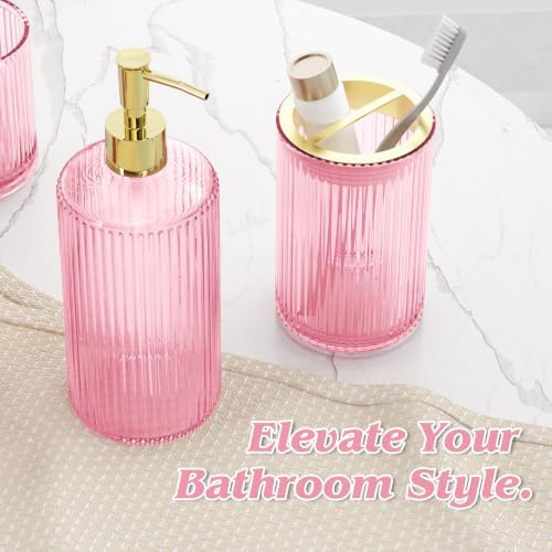 Pink Glass Bathroom Accessories Set 5 Piece, Vintage Ribbed Soap Dispenser, Toothbrush Holder, Tumbler, Qtip Jars, Cute Aesthetic Vanity Organizer for Home, Restroom Countertop Decor - Image 3