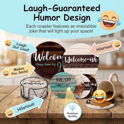 Funny Coasters - House Warming Gifts New Home - Housewarming Gifts for Women, Men, Couple, New Homeowner - Farmhouse Bar Coasters for Drinks with Holder - First Apartment Essentials - Image 2
