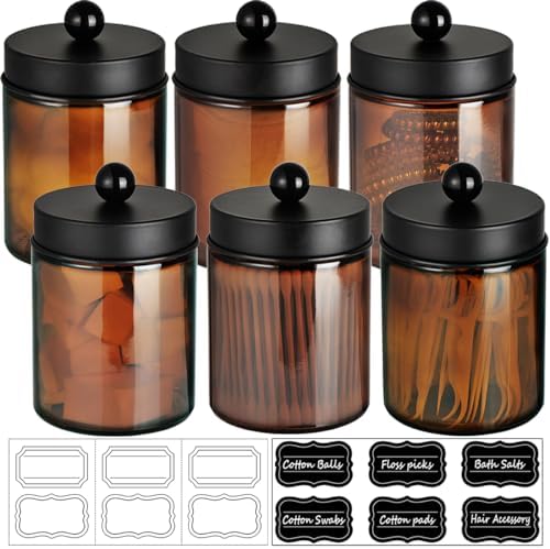 Amolliar Amber Glass Apothecary Jars Qtip Holder w/Metal Lids,Black 6pc by Amolliar
