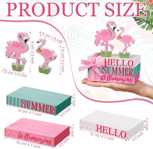 Geelin 4 Pcs Pink Flamingo Table Decoration Wooden Book Stack Signs - Image 3