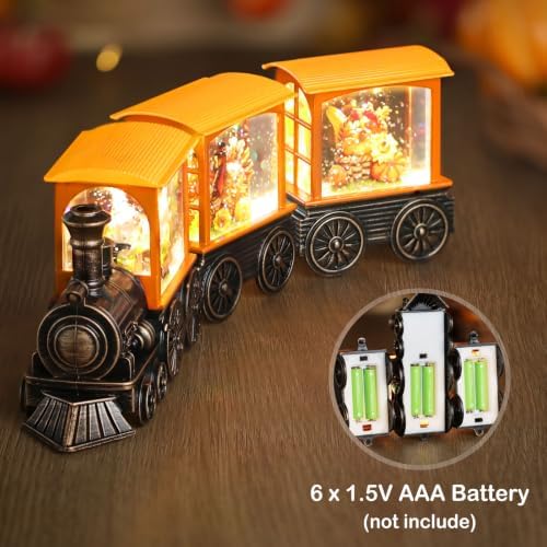 Fall Snow Globe Lantern Fall Decorations for Home, Lighted Fall Decor with Pumpkin Turkey Gnome Train, 6H Timer Thanksgiving Swirling Glitter Snow Globe for Harvest Day, Battery Operated - Image 3