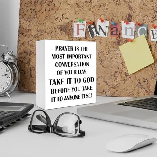 Christian Prayer Wooden Box Sign, Christian Desk Decor, Prayer Is the Most Important Conversation Religious Wood Signs for Church Home Office Desk Table Shelf Decor, 5x5 Inch - Image 3