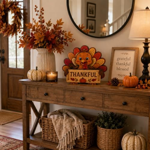 Thanksgiving Turkey Decor, Pumpkin Farmhouse Fall Sign, Wooden Thanksgiving Table Decorations for Home, Mantel, Office & Indoor, Party Shelf Decor, Vintage Colorful (Thanksgiving Turkey Decor) - Image 6