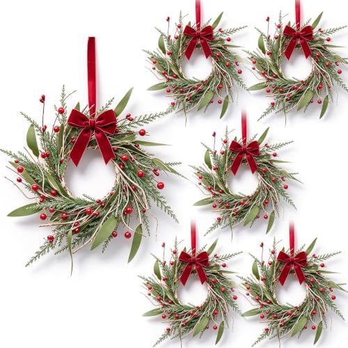 6 PCS Mini Christmas Wreaths for Cabinets 9" Christmas Kitchen Cabinet with Pine Needles Pinecones Red Berries Bells and Bow Christmas Wreath for Front Door Window Wall Xmas Holiday Home Decor by Unknown