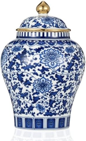 Small Blue and White Ginger Jar with Gilt Edges, Ceramic Ginger Jar with Lid, Exquisite Floral Patterns Chinoiserie Tea Storage Jar for Living Room, Kitchen & Coffee Corner by Unknown