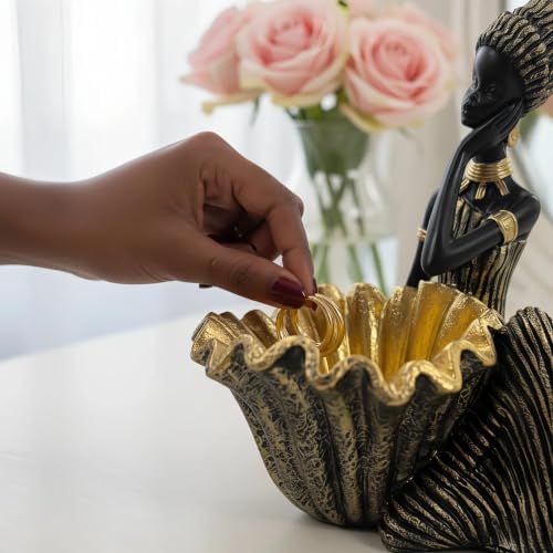 Lescafita African Lady Decorative Bowl Statue Black Gold Figurine - Image 4