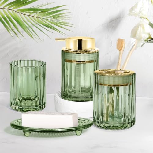CERBIOR Bathroom Accessories Set, 4 PCS Glass Bathroom Set,Golden Green - Image 6