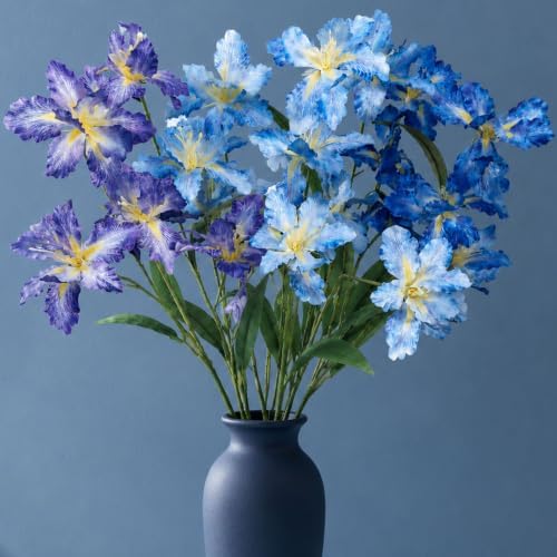 12 Pcs Artificial Iris Flowers, Faux Iris Purple Flowers 31.5", Real Touch Long Stems Fake Blue Silk Iris Bouquets Stems for Home Vases Living Room Centerpieces Wedding Floral Decoration by AethelFlora