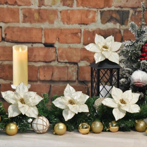 10 Pcs 9.4" Velvet Poinsettia Picks Glitter Artificial Christmas Flower Stems for Xmas Tree Wreath Garland Winter New Year Home Decoration, Cream White - Image 4