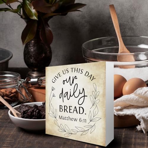 Inspirational Bible Verse Give Us This Day Our Daily Bread Wooden Box Sign Scripture Desk Decor Rustic Scripture Wood Block Plaque Box Sign for Home Office Shelf Table Decoration - Image 3
