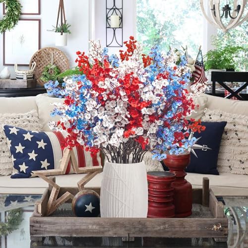 Uieke 30 Pcs 4th of July Artificial Flowers Fake Patriotic Babys Breath Flowers for Independence Day Decor Blue White Red Silk Flowers for Memorial Day Floral Arrangement Home Wedding - Image 6