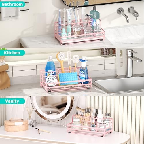 HapiRm Toothbrush Holders for Bathroom - 5 Partitions Bathroom Counter Organizer with Instant Drying Stone, Stainless Steel Countertop Storage Electric Toothbrush Toothpaste Holder - Pink - Image 6