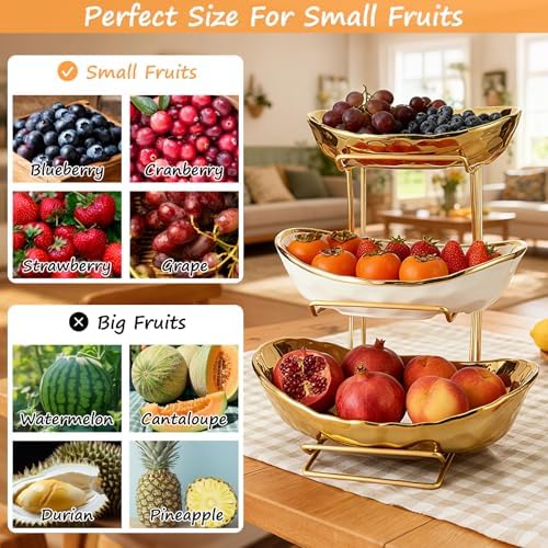 3 Tier Ceramic Fruit Bowl for Kitchen Counter with Metal Rack, Fruit Basket with Stand, Porcelain Bowls for Vegetable Bread Candy Snack Nuts Dessert Cake Tray (Gold 3 Layer) - Image 6