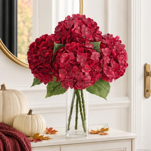 4 Pcs Real Touch Hydrangea Artificial Flowers, 21" Fake Flowers, Dark Red - Image 6