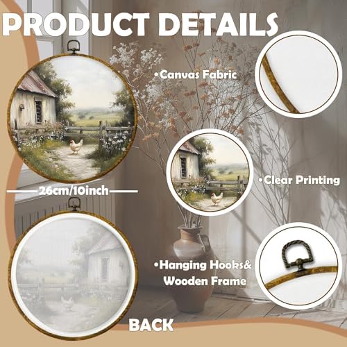 CUANFDDSF Vintage Countryside Farmhouse Chickens Round Wall Art, Rustic Cottagecore Kitchen Framed Hanging Wall Decor, Country Animal Scene Canvas Prints Decorations for Farm House Room, 10x10 Inch - Image 7