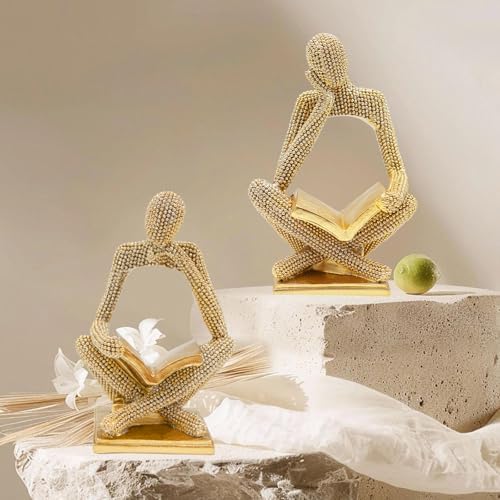 Sparkling Gold Reading Women Statue Set, Thinker Sculptures, Abstract Art Ornament, Modern Aesthetic Figurine Decoration for Home Living Room Bedroom Office Shelf Table Desk Bookshelf Decor - Image 4
