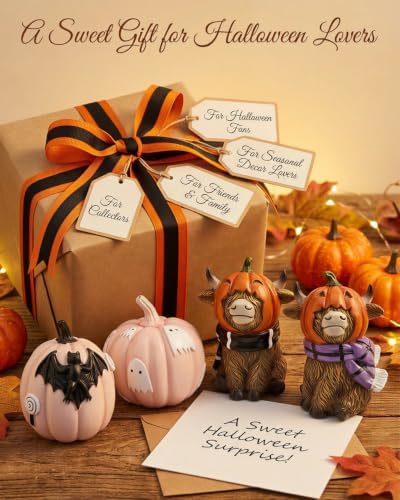 GoGnome Halloween Highland Cow Figurines Set of 2, Cute Pumpkin Head Cow Resin Statues with Scarves & Horn Details Farmhouse Fall Tabletop Decorations (Brown Highland Cow) - Image 5