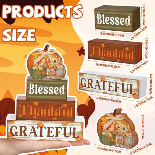 4 Pcs Fall Decor for Home Thanksful Pumpkin Wooden Signs with Blessed - Image 2