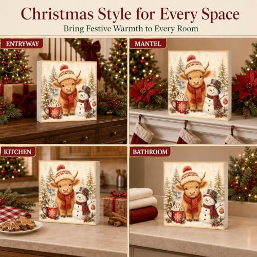 Christmas Highland Cow Decorations Snowman Pine Tree Wooden Box Sign - Image 6