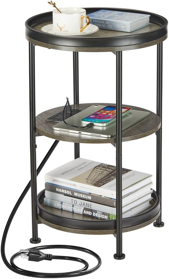 Dulcii Round Side Table with Charging Station, End Table with 3 Shelves by Zexvida