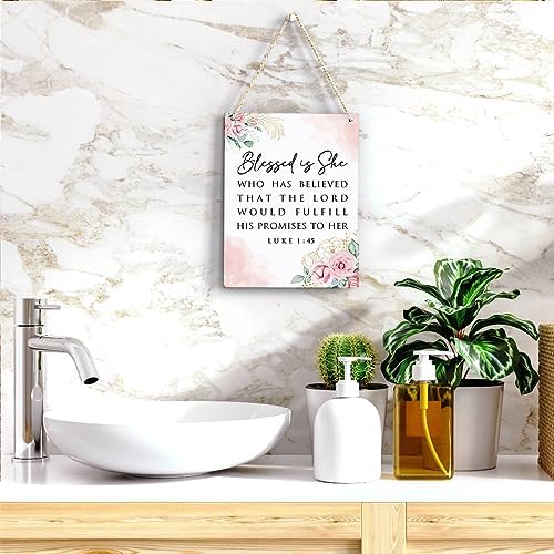 Inspirational Bible Verse Wall Art Decor Pink Luke 1:45 Christian Gifts for Women Scripture Wooden Hanging Sign for Modern Home Office Kids Room Bathroom Bedroom Wall Art Decoration 8 x 10 Inches - Image 5