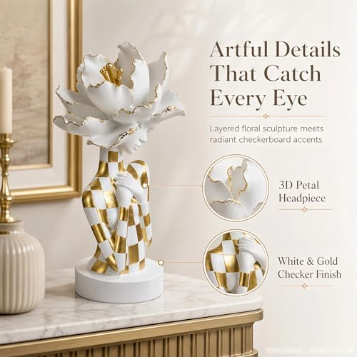 Lescafita White and Gold African Woman Sculpture – Elegant Resin Figurine with Floral Headpiece, Modern African Art Statue for Home Decor, Cultural Figurine Gift for Women - Image 4