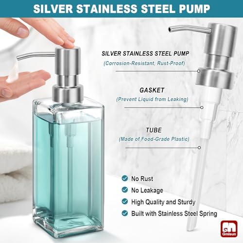 GMISUN Glass Soap Dispenser with Stainless Steel Pump, Clear Hand Soap Dispenser for Bathroom, 12 fl oz/350ml Dish Dispensers for Kitchen, Modern Refillable Liquid Soap Lotion Bottle for Countertop - Image 3