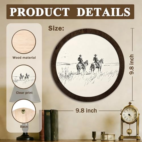 CFFJLHN Vintage Western Cowboy Framed Wall Art Decor Classy Western Decor, Rustic Country Southwest Cowboy Riding Horse Round Wall Art Hanging Decorations for Home Bedroom Living Room, 10x10 Inch - Image 7