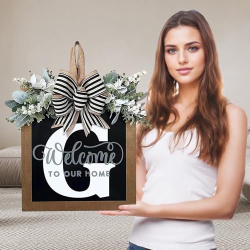 Ultra Large 14'' Last Name All Year Round Front Door Wreath with 26 Initial Letter Welcome Sign All Seasons Eucalyptus Garland and Bow Wreaths for Front Door Porch Farmhouse Decoration (G) by Unknown