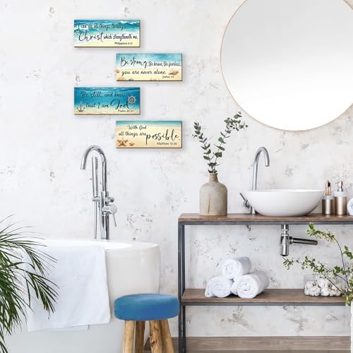 4 Pieces Beach Wall Decor Ocean Bathroom Decor With Bible Verses Wooden Christian Farmhouse Sign for Home Religious Prayer Wall Art for Living Room Office Bedroom Bathroom(Beach,10x4") - Image 3