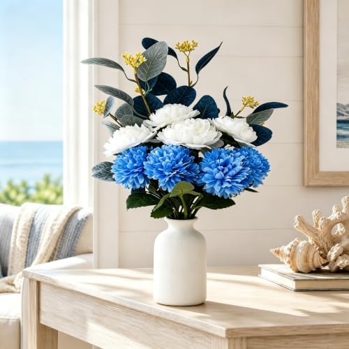 Artificial Flower Bouquet with Vase,Fake Flowers Peony Mums Eucalyptus by RVROVIC