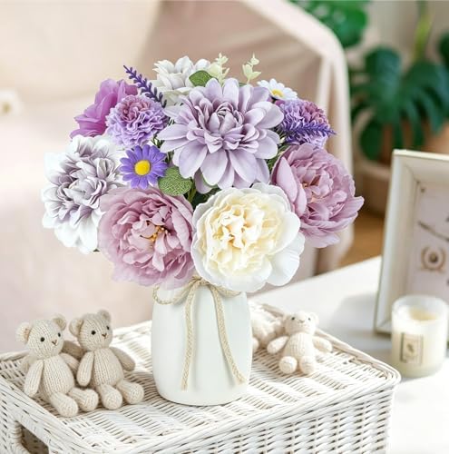 18Pcs Purple Fake Flowers with Vase, Silk Dahlias Purple Artificial Flowers - Image 3