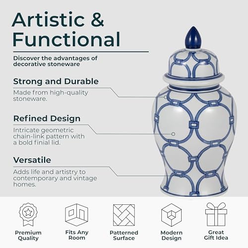 Decorative Jar with Lid Hand-Painted Pattern Stoneware Ceramic Traditional Design Home Office Bedroom Living Room Accent Decor - 14" Blue & White - Image 5