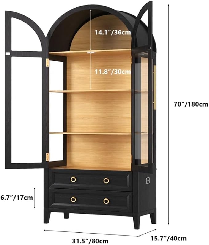 Arched Curio Cabinet with Glass Doors, 4-Tier Display Cabinet with 2 Drawers - Image 2