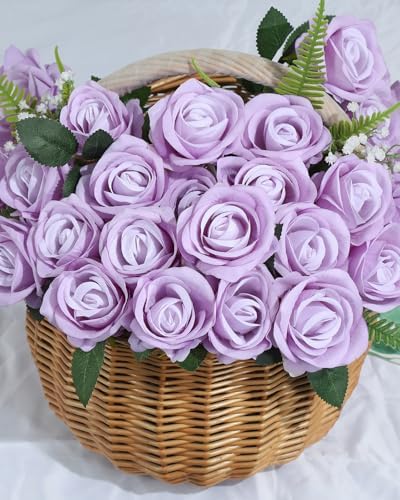 Coferset 50pcs Velvet Artificial Roses Flowers in Bulk,Lavender Purple - Image 3