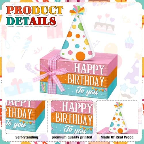 Geelin 4 Pcs Happy Birthday Table Decoration Wooden Book Stack Sign - Image 4