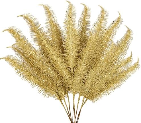 Oairse 8 Pcs Christmas Tree Picks and Sprays Gold Glitter Christmas Picks 28" Christmas Glitter Feathers Leaves Stems for Christmas Tree Filler Branches Wreaths Centerpieces Holiday Decorations by Oairse